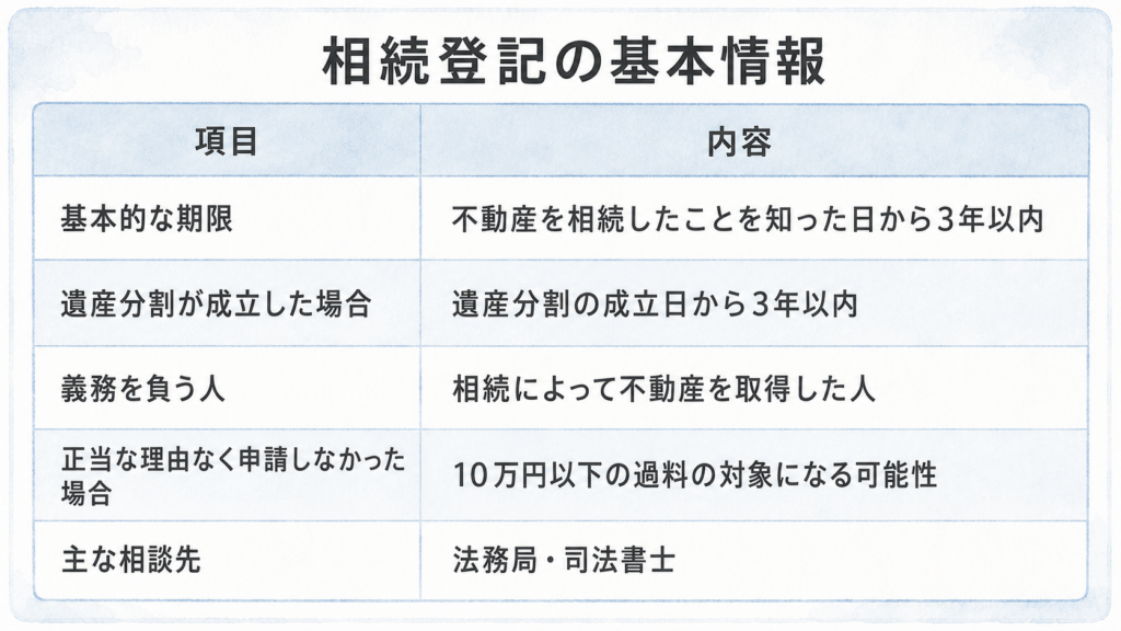 相続登記の基本情報をまとめた表。申請期限は不動産を相続したことを知った日、または遺産分割成立日から3年以内で、正当な理由なく申請しない場合は10万円以下の過料の対象となる可能性がある