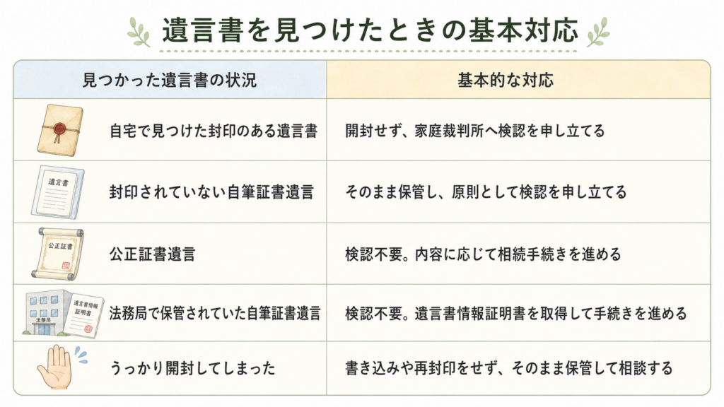自宅で見つけた遺言書、公正証書遺言、法務局保管の自筆証書遺言など、遺言書の状況別に検認や保管方法などの基本対応をまとめた表