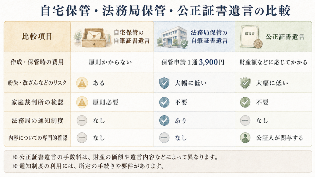 自筆証書遺言の自宅保管・法務局保管・公正証書遺言について、費用、紛失リスク、検認、通知制度、専門的確認の違いを比較した表
