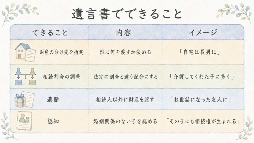 遺言でできることの一覧表（財産分与・割合調整・遺贈・認知）