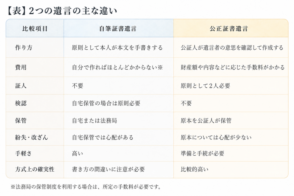 自筆証書遺言と公正証書遺言の違いを、作り方・費用・証人・検認・保管・確実性などの項目で比較した表