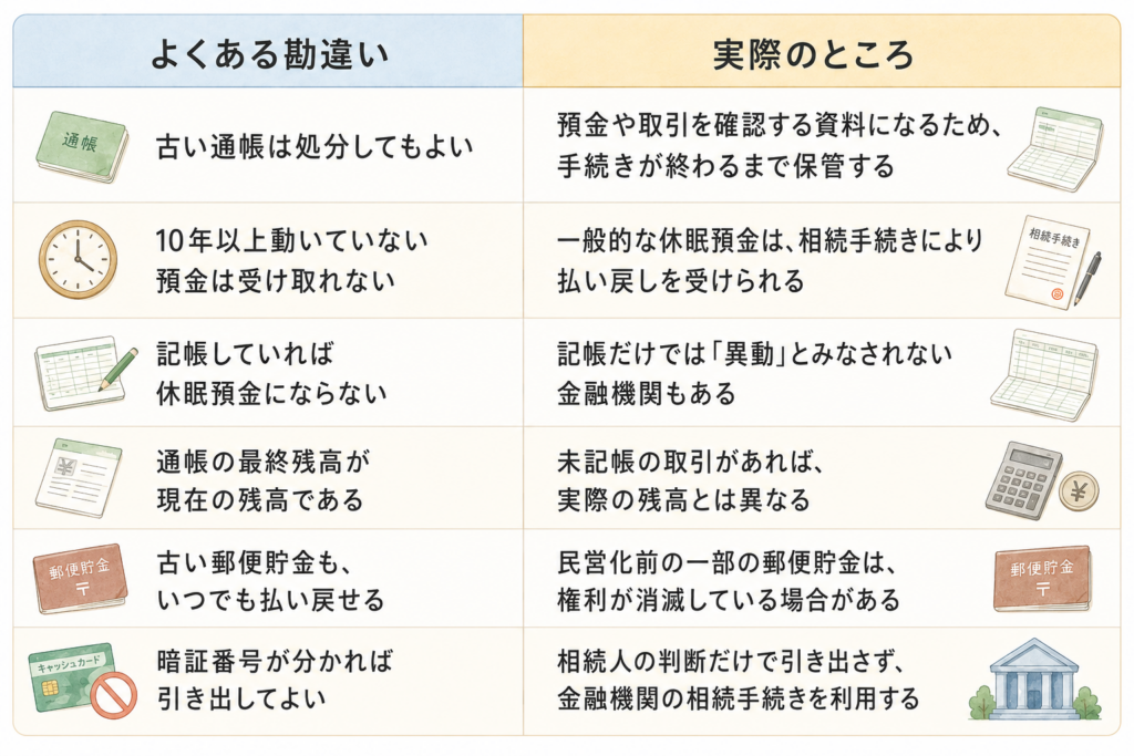 親の古い通帳や休眠預金に関する勘違いと、相続手続きでの正しい対応を比較した表