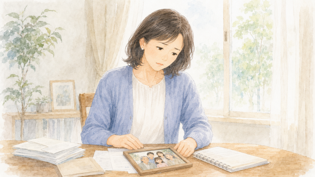 家族写真と書類を見ながら、誰が相続人になるのか考える女性
