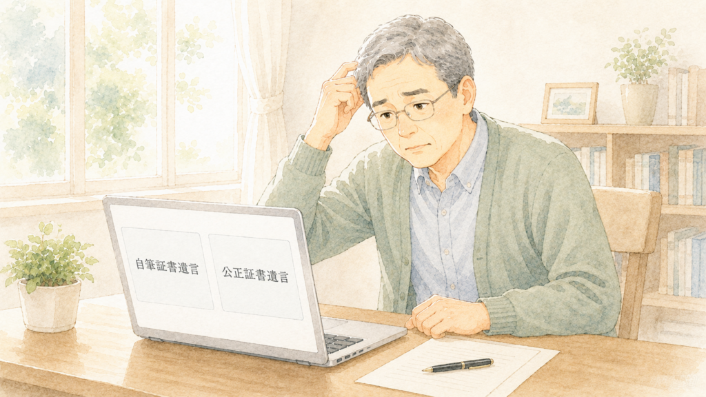 自筆証書遺言と公正証書遺言の違いをパソコンで調べ、どちらを選ぶか迷っている中高年男性