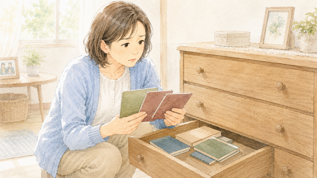 親が亡くなった後、実家の引き出しから見つかった複数の古い通帳を前に、相続手続きに戸惑う人