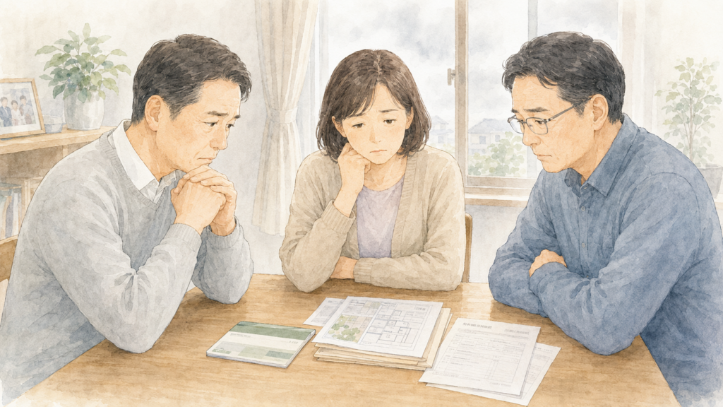 相続財産の預金通帳や不動産書類を前に、遺産の分け方を話し合えず戸惑っている相続人の家族