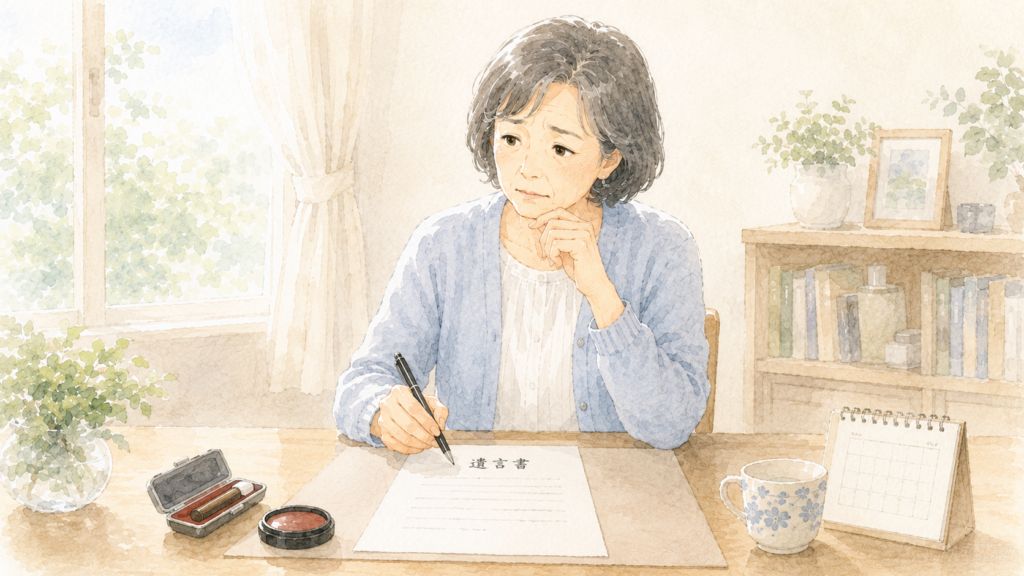 「自筆証書遺言を書こうとするものの、正しい書き方が分からず手を止める女性」