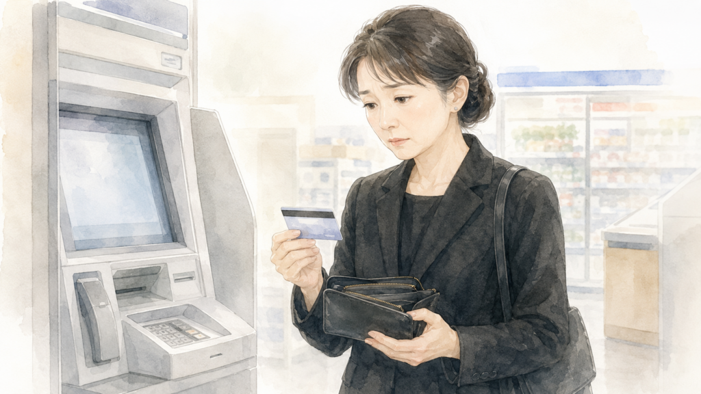 親のキャッシュカードを手に、コンビニATMの前で使用してよいか迷う喪服姿の女性
