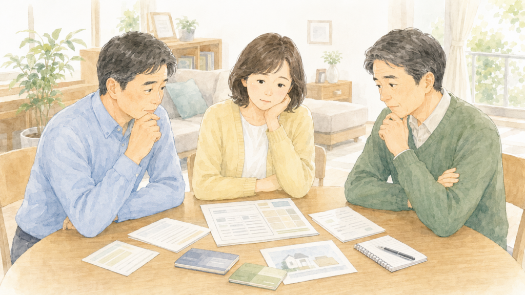 遺産分割協議で財産の分け方を決めた後、遺産分割協議書の作成方法が分からず顔を見合わせる相続人