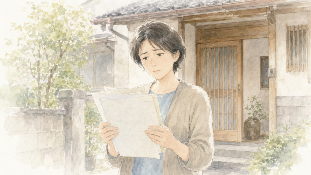 親名義のままになっている古い実家の玄関先で、書類を手に名義変更について悩む人のイラスト