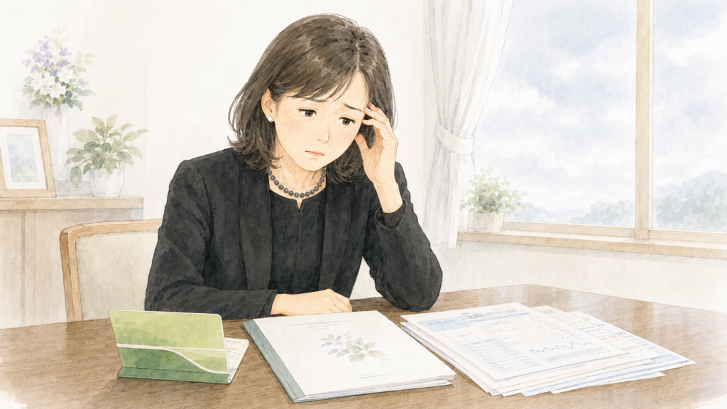 銀行預金・証券・生命保険の相続手続きに必要な書類を前に、困った表情を浮かべる喪服姿の女性