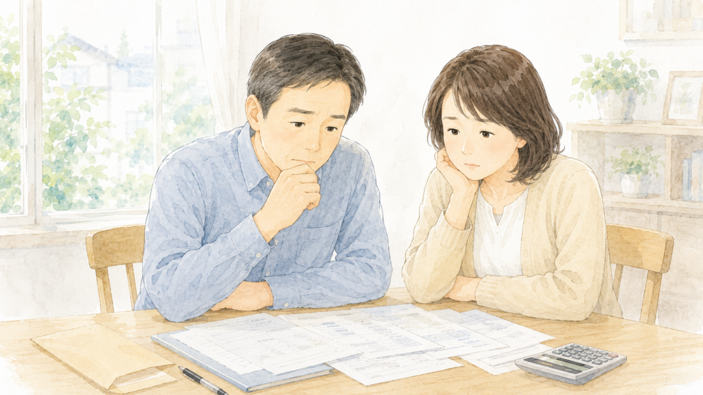 相続関係の書類と電卓を前に、相続税がいくらかかるのか不安そうに考える40〜50代の男女