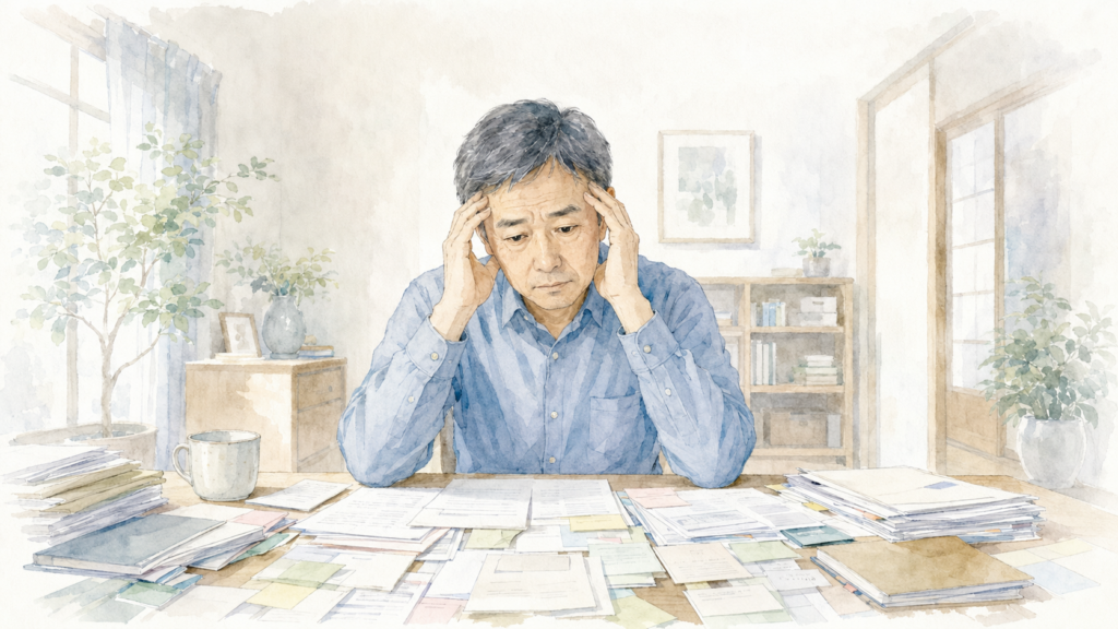 親が亡くなった後の相続手続きに必要な書類やメモを前に、何から始めればよいか分からず悩んでいる人物