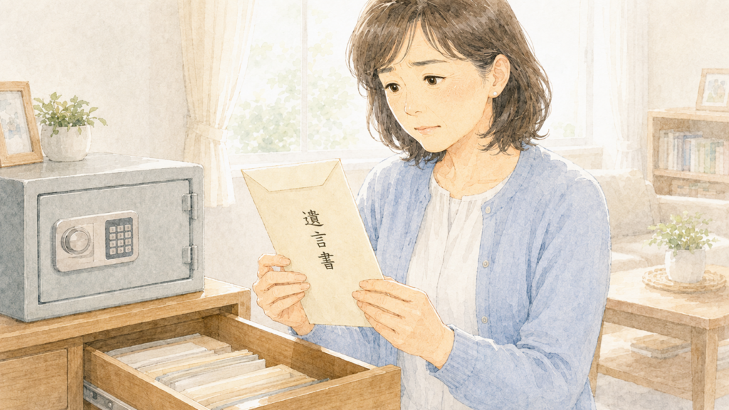 自宅の引き出しから封印された遺言書を見つけ、開封してよいか迷って手を止める女性