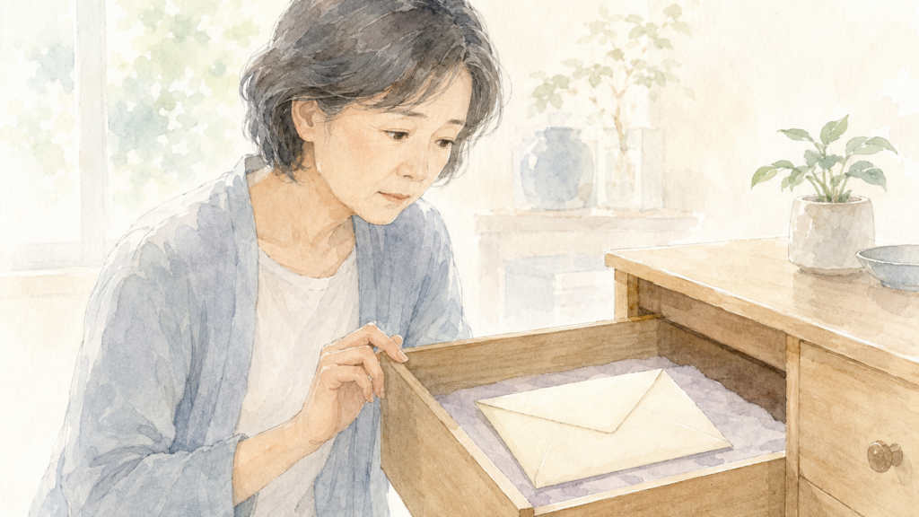 自宅の引き出しに自筆証書遺言を保管し、家族に見つけてもらえるか心配する女性