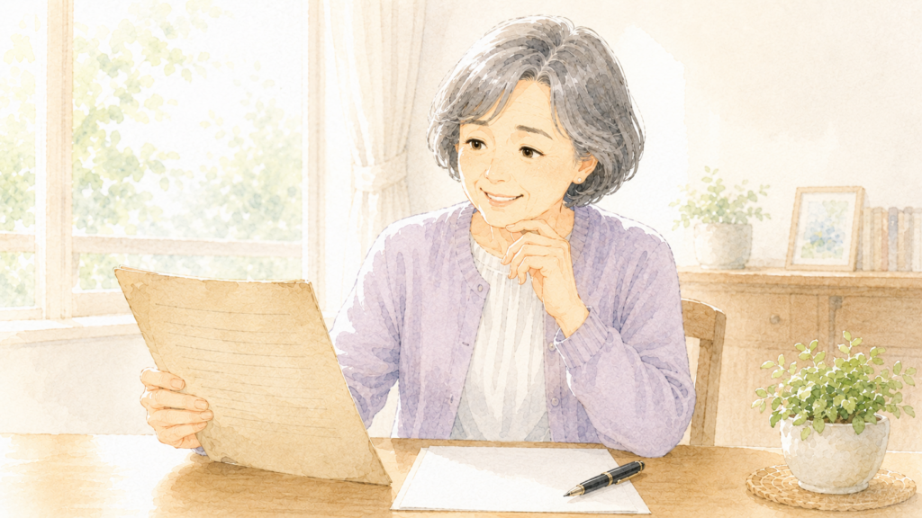 遺言書は変更・撤回できると知り、以前の遺言書と新しい用紙を前に安心する女性