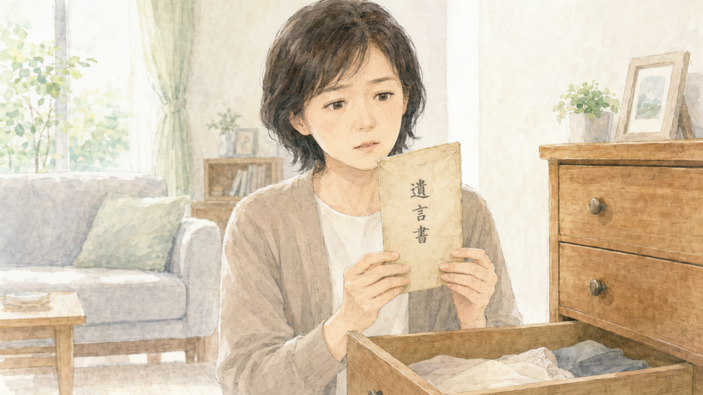 遺言書を見つけて戸惑う人物のイラスト