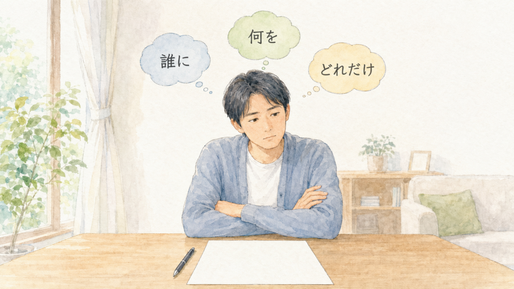 遺言書に何を書けばいいか考え込む人物のイラスト