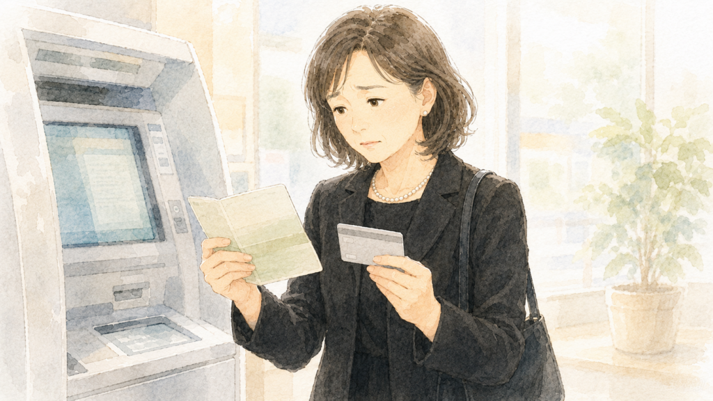 相続手続きで困る女性が、亡くなった親の口座のキャッシュカードと通帳を手にATMの前で不安な表情を浮かべているイラスト