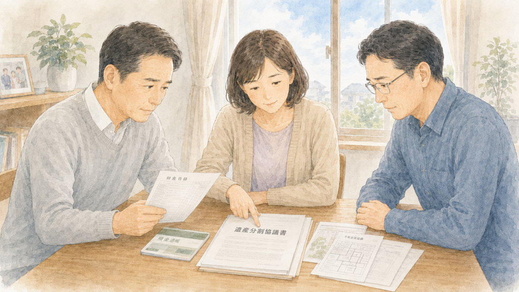 財産一覧と遺産分割協議書を確認し、相続財産の分け方に納得して穏やかに話し合う家族