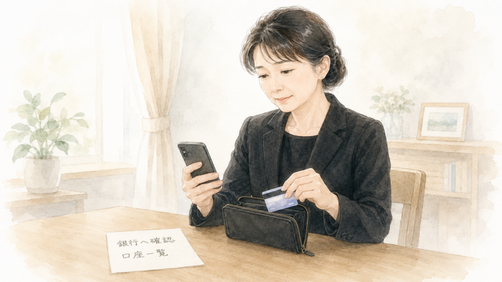 親のキャッシュカードを財布にしまい、相続手続きについてスマートフォンできょうだいへ連絡する女性
