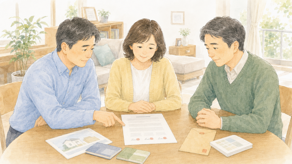 相続人全員の合意を遺産分割協議書にまとめ、預金の解約や不動産の名義変更に向けて書類を確認する家族