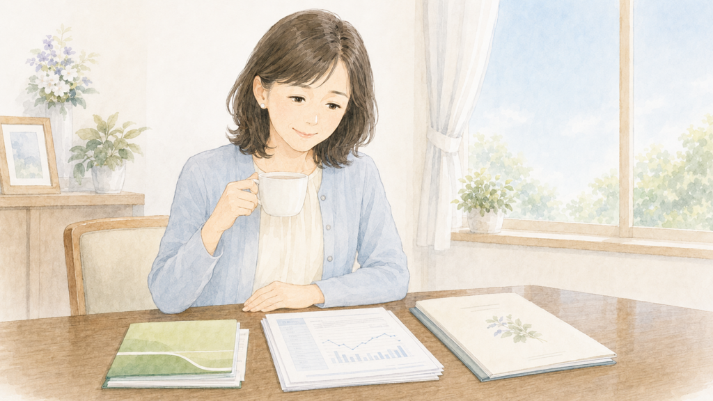 銀行・証券・保険の相続書類を整理し、コーヒーを飲みながら安心した表情を浮かべる女性