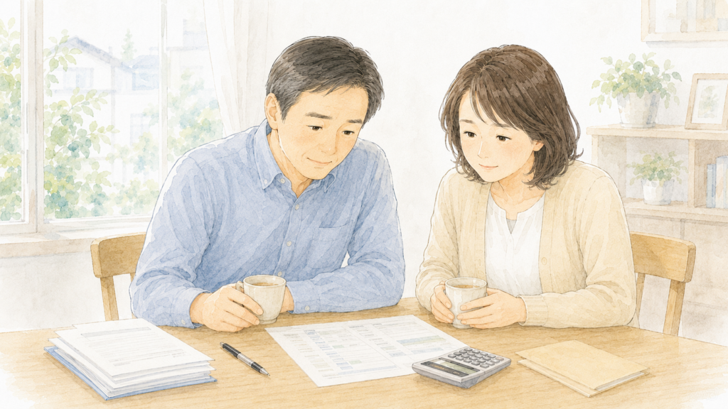 財産を整理したメモと電卓を確認しながら、お茶を飲んで穏やかな表情を浮かべる40〜50代の男女