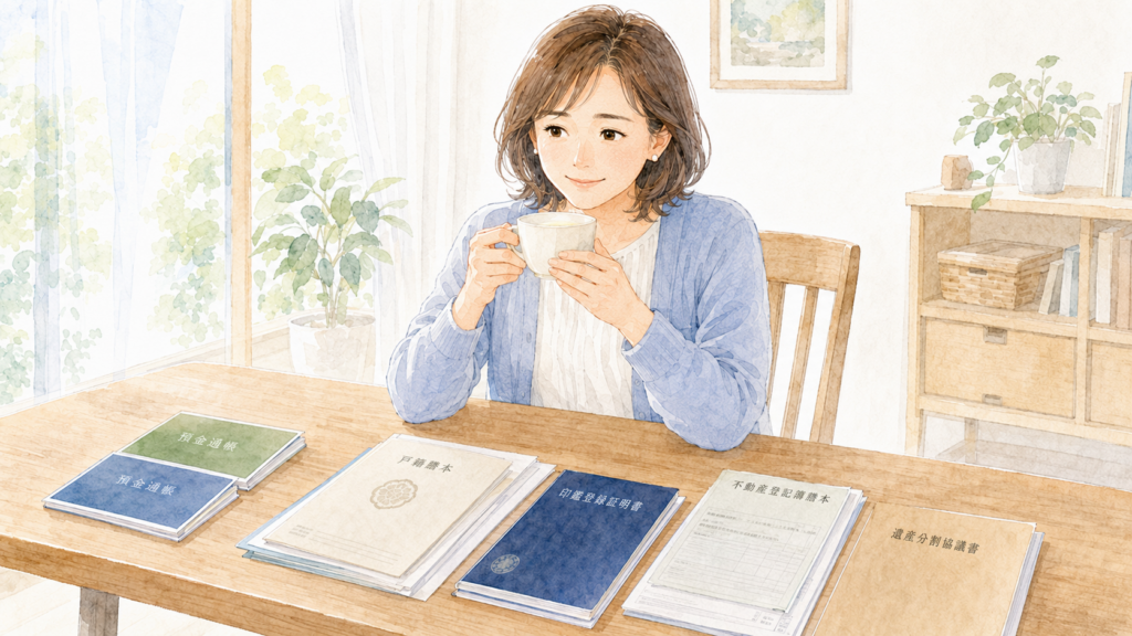 相続関係の書類を種類ごとに整理し終え、明るいリビングで安心した表情でお茶を飲む女性