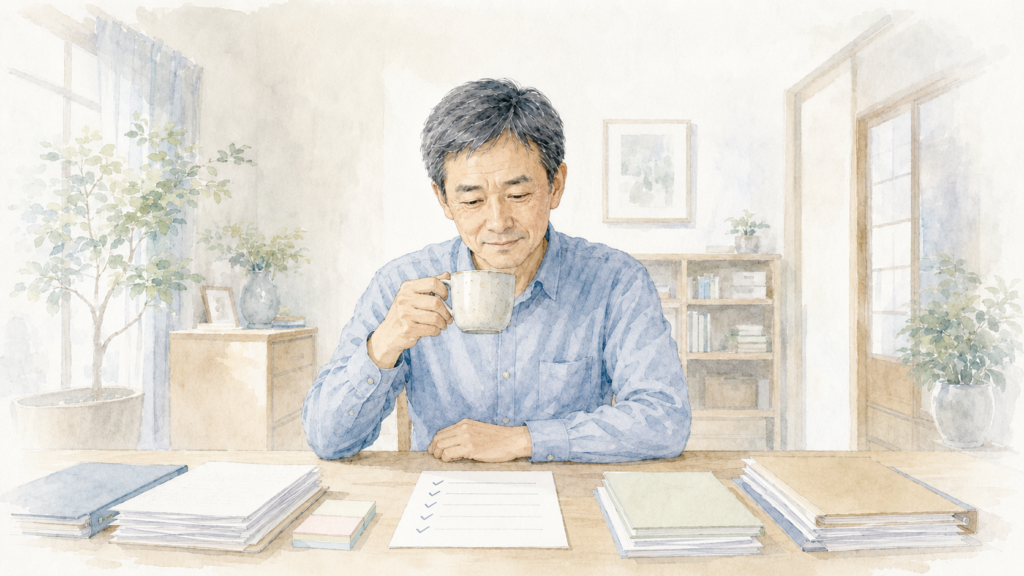 親が亡くなった後の相続手続きチェックリストを確認し、必要書類の整理を終えて安心した表情でお茶を飲む人物