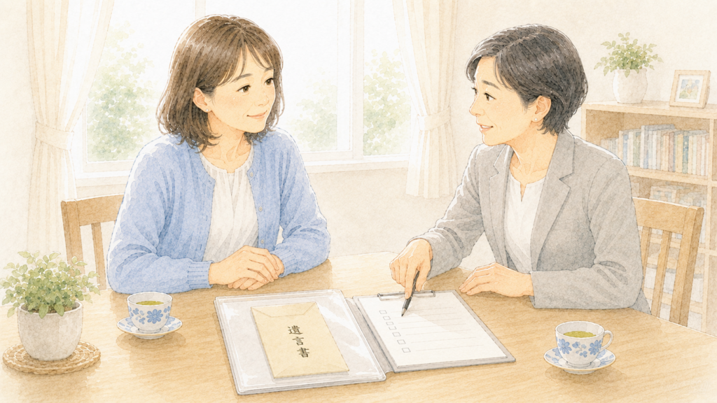 封印された遺言書を開封せずに保管し、専門家から今後の相続手続きについて説明を受ける女性