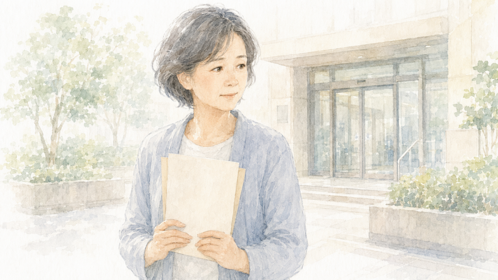 法務局で自筆証書遺言の保管申請を終え、書類を手に安心する女性
