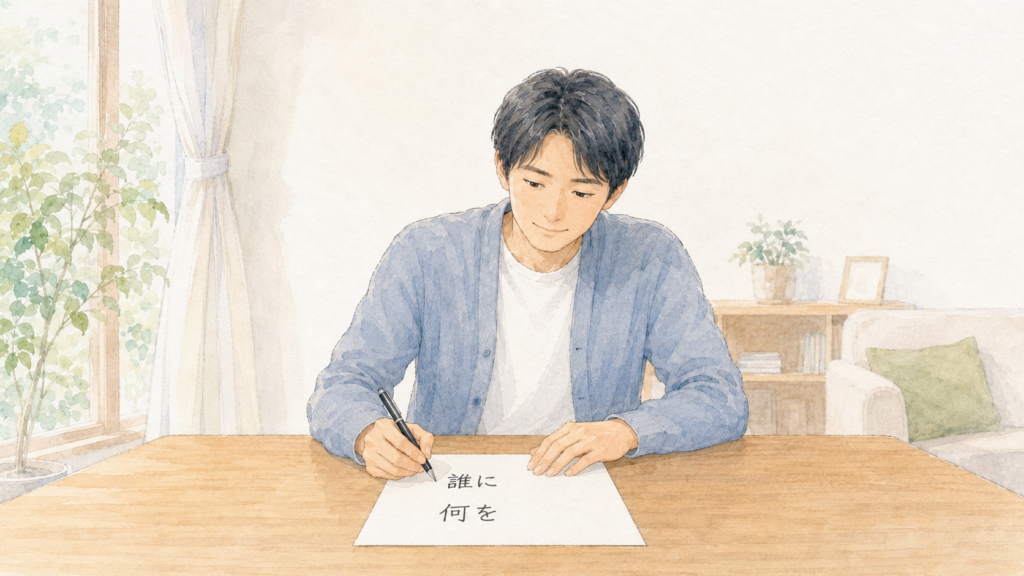 遺言書に希望を書き込み穏やかに微笑む人物のイラスト