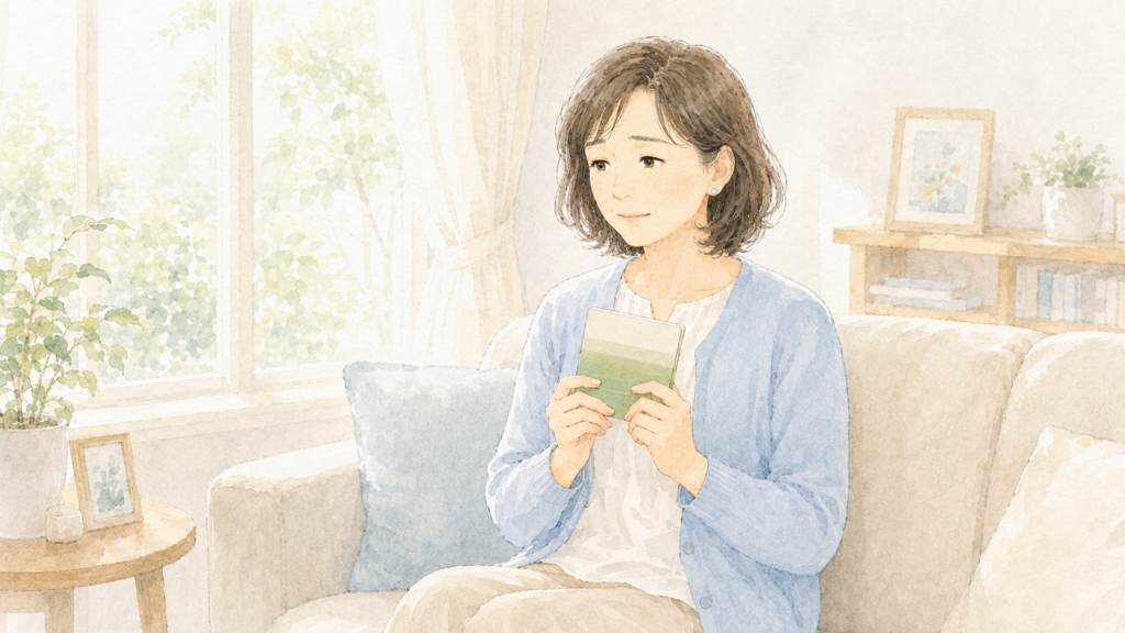 親の口座の相続手続きへの不安が解消され、通帳を胸に抱いて穏やかな表情でソファに座る女性のイラスト。安心感のある構図