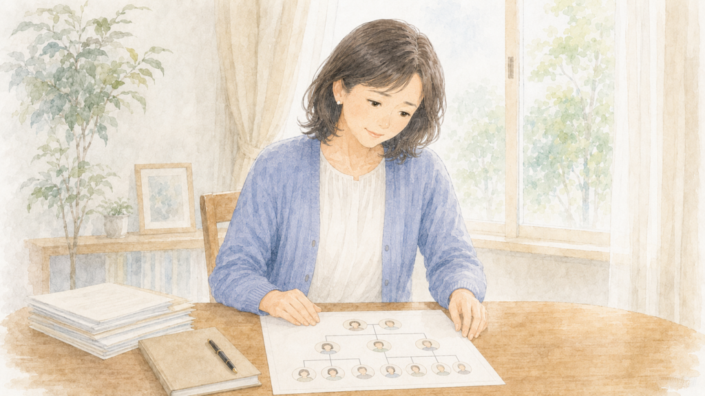 相続人を整理した家族関係図を見て、納得した表情を浮かべる女性
