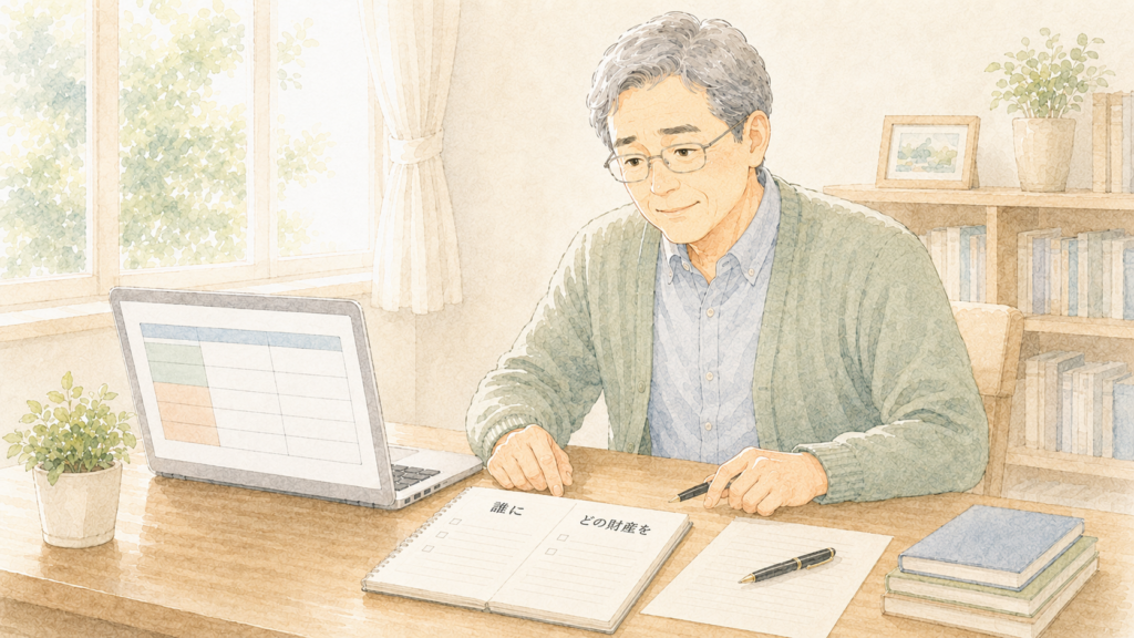 自筆証書遺言と公正証書遺言の比較表を確認し、誰にどの財産を残すか整理する中高年男性