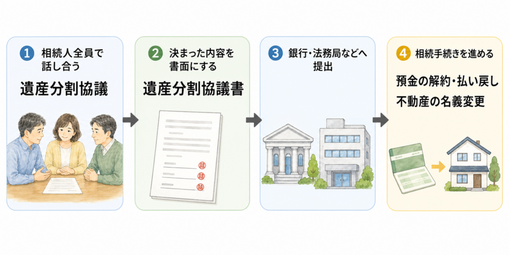 相続人全員による遺産分割協議から、遺産分割協議書の作成、銀行・法務局への提出、預金解約・相続登記までの流れ