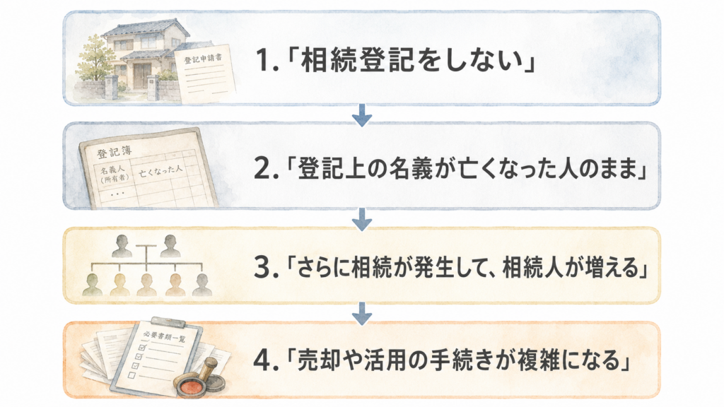 相続登記をしないまま放置すると、亡くなった人の名義が残り、相続人が増えて、売却や活用の手続きが複雑になる流れを示した図