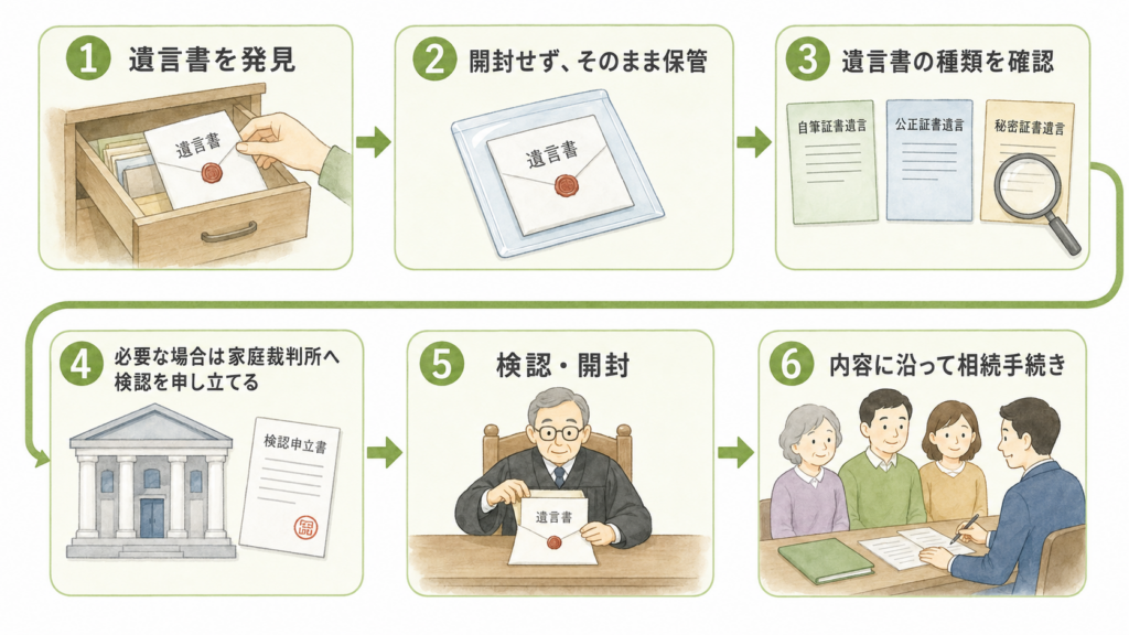 遺言書の発見から、開封せずに保管し、種類の確認、家庭裁判所への検認申立て、検認・開封を経て相続手続きを進めるまでの流れ