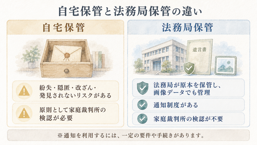 自筆証書遺言の自宅保管と法務局保管について、紛失・改ざんのリスクや検認、通知制度の違いを比較した図解