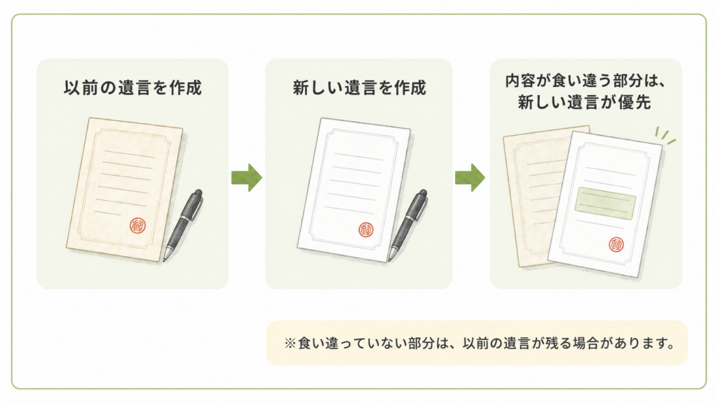 以前の遺言と新しい遺言の内容が食い違う場合は新しい遺言が優先され、食い違わない部分は以前の遺言が残る場合があることを示す図解