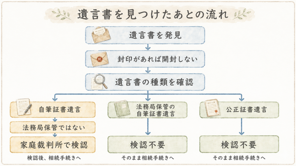 遺言書発見から検認までの流れを示すフロー図