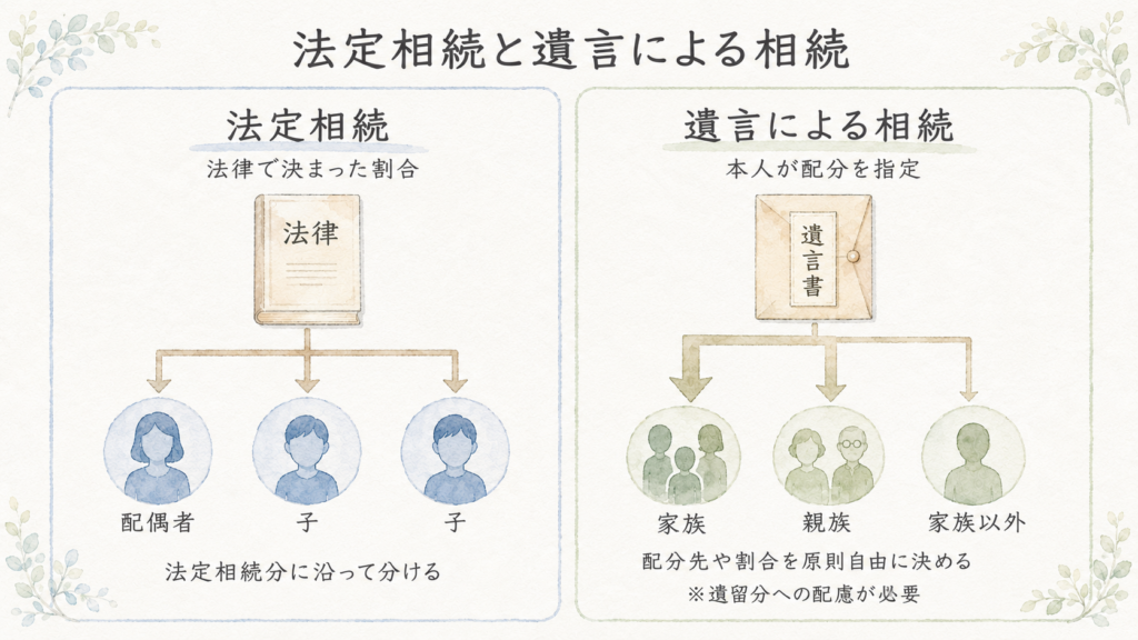 法定相続と遺言による相続の違いを示す比較図
