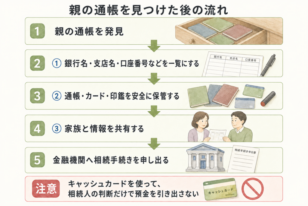 亡くなった親の通帳を見つけた後、口座情報の一覧作成、通帳・カード・印鑑の保管、家族との共有、銀行への相続手続きへ進む流れ