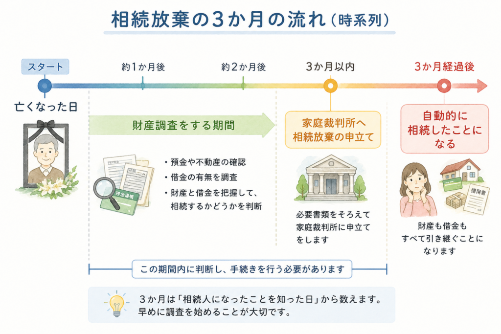 亡くなった日から財産と借金を調査し、3か月以内に家庭裁判所へ相続放棄を申し立てる流れを示した図解