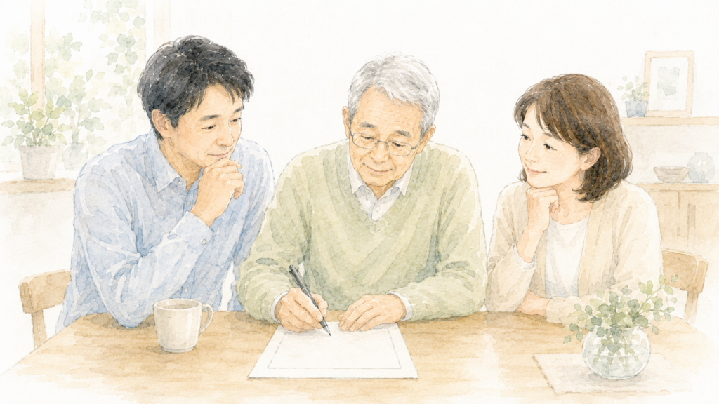 家族への思いを込めて遺言書を書く高齢者と、相続について考える家族のイラスト