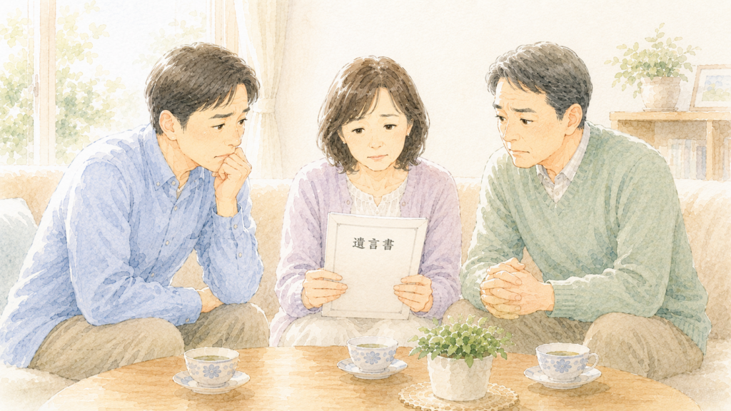 遺言書を手にした家族が、「遺言があれば相続で揉めることはないのか」と不安を感じている場面です。遺言と遺留分の関係を解説する記事の冒頭イラストです。
