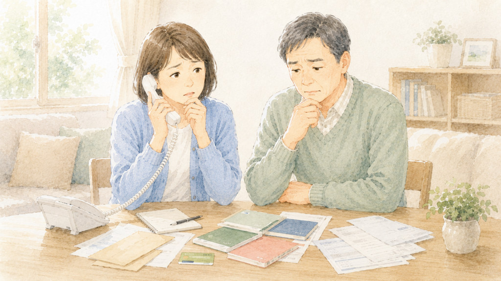 親が亡くなった後の銀行への連絡を前に、通帳や書類を見ながら準備するものに悩む相続人のイラスト