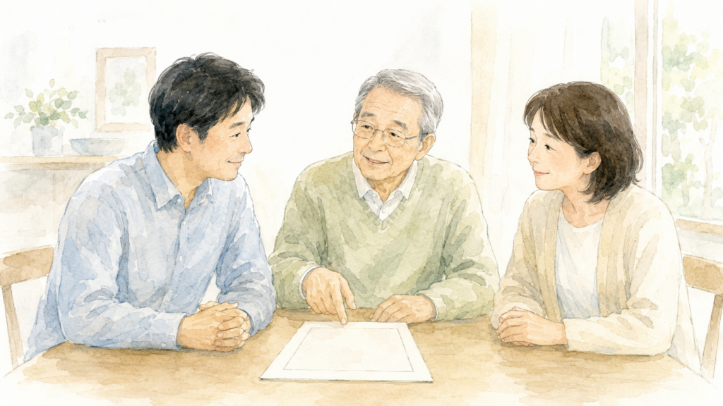 遺言書を前に高齢の親と成人した子どもたちが、相続と家族への思いについて穏やかに話し合うイラスト