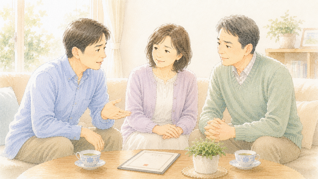 遺言書を前に、家族が互いの考えを聞きながら穏やかに話し合っている場面です。遺言を作成する際は、本人の想いだけでなく、相続人の遺留分にも配慮しておくことが大切です。